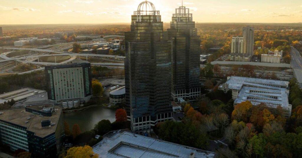 Aerial view of the King and Queen buildings at Concourse, one of the most recognizable landmarks in the Sandy Springs / Perimeter area. Andes Mortgage is located at 1 Concourse Parkway.